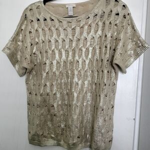 Chico's 1 Holiday Champagne Gold Metallic Knit Short Sleeve Evening Top
